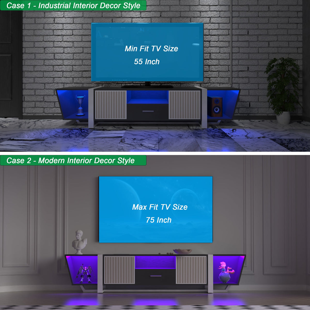 TV console with storage cabinet, dual flat LED TV stand with remote control, changing lights