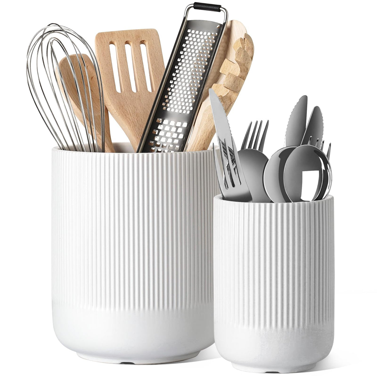 LE TAUCI Utensil Holder, 7.3"+5.4" Ceramic Cooking Tool Crocks for Counters, Set of 2