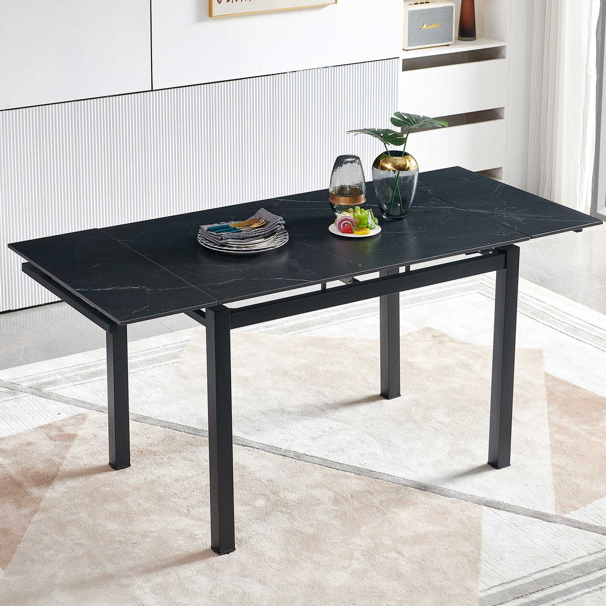Black Ceramic Modern Rectangular Expandable Dining Room Table For Small Space -Table