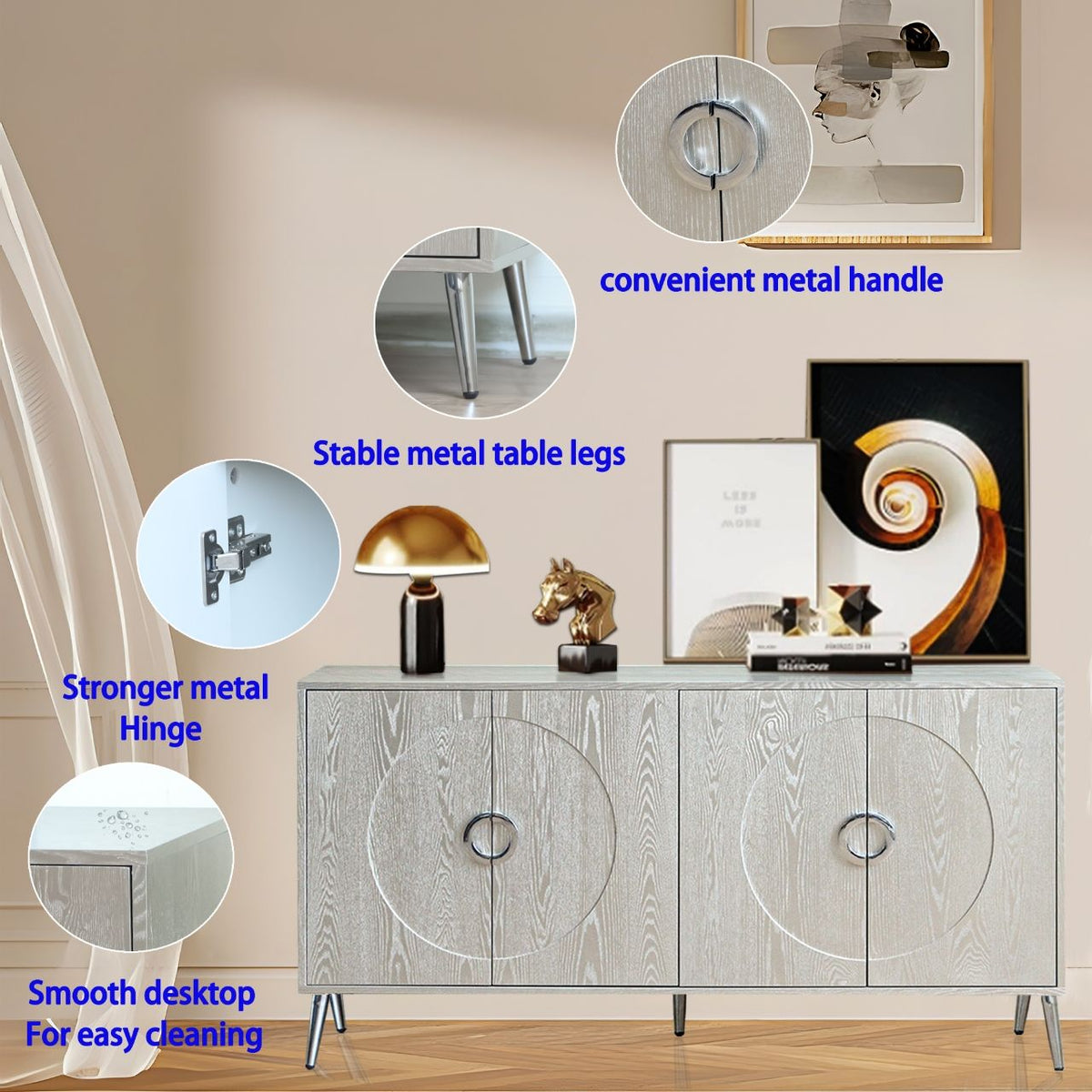 Modern Lacquered 4 Door Wooden Cabinet for Dining, Living, Entryway, Hallway, Office