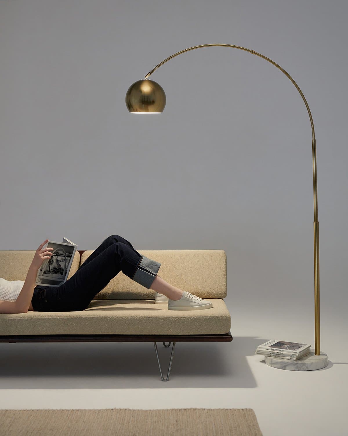 Olivia Floor Lamp with a marble base, arching swoop graceful