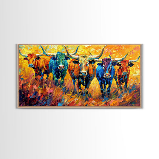 Colorful Herd of Cattle, Ideal for Living Room Framed Canvas Decorative Art