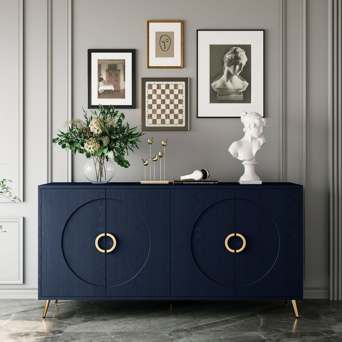 Modern Lacquered 4 Door Wooden Cabinet for Dining, Living, Entryway, Hallway, Office