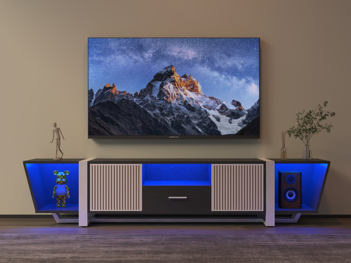 TV console with storage cabinet, dual flat LED TV stand with remote control, changing lights