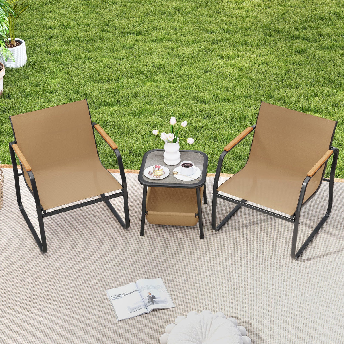 3 Pieces Patio Furniture Set Outdoor Bistro Conversation Set-Brown