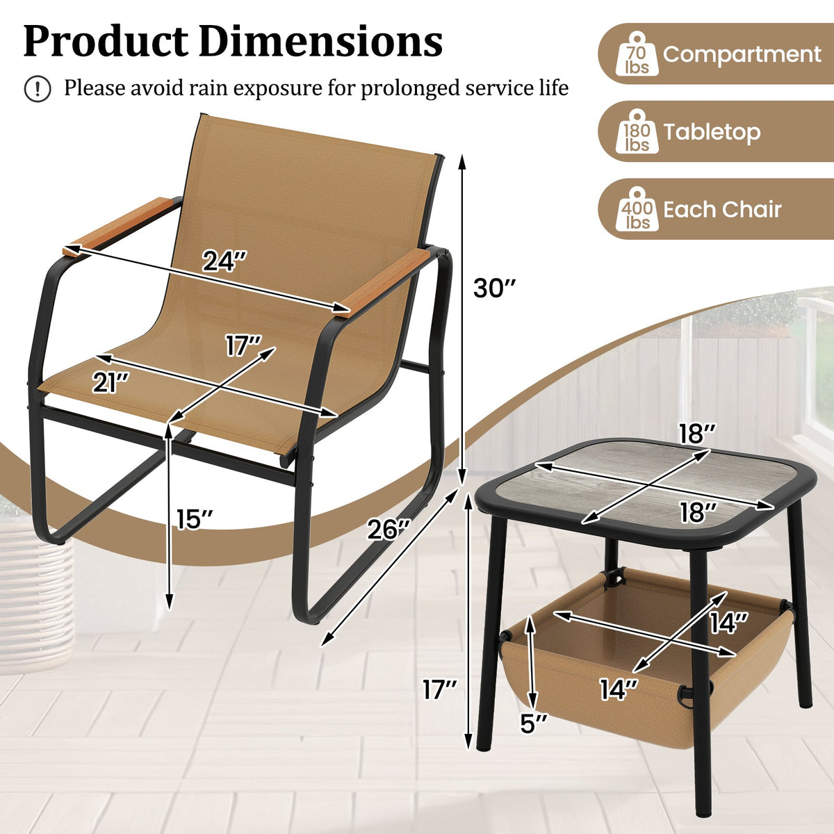 3 Pieces Patio Furniture Set Outdoor Bistro Conversation Set-Brown