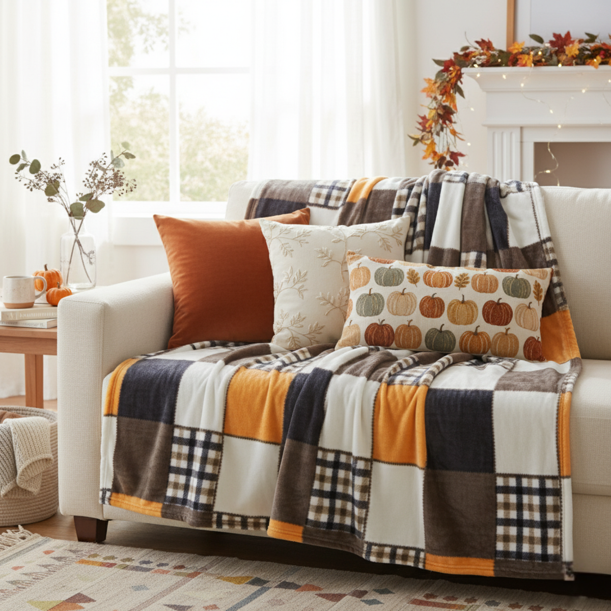 Tache Fall Orange Farmhouse Super Soft Micro Fleece Plaid Patchwork Plush Lightweight Bed Throw/blanket