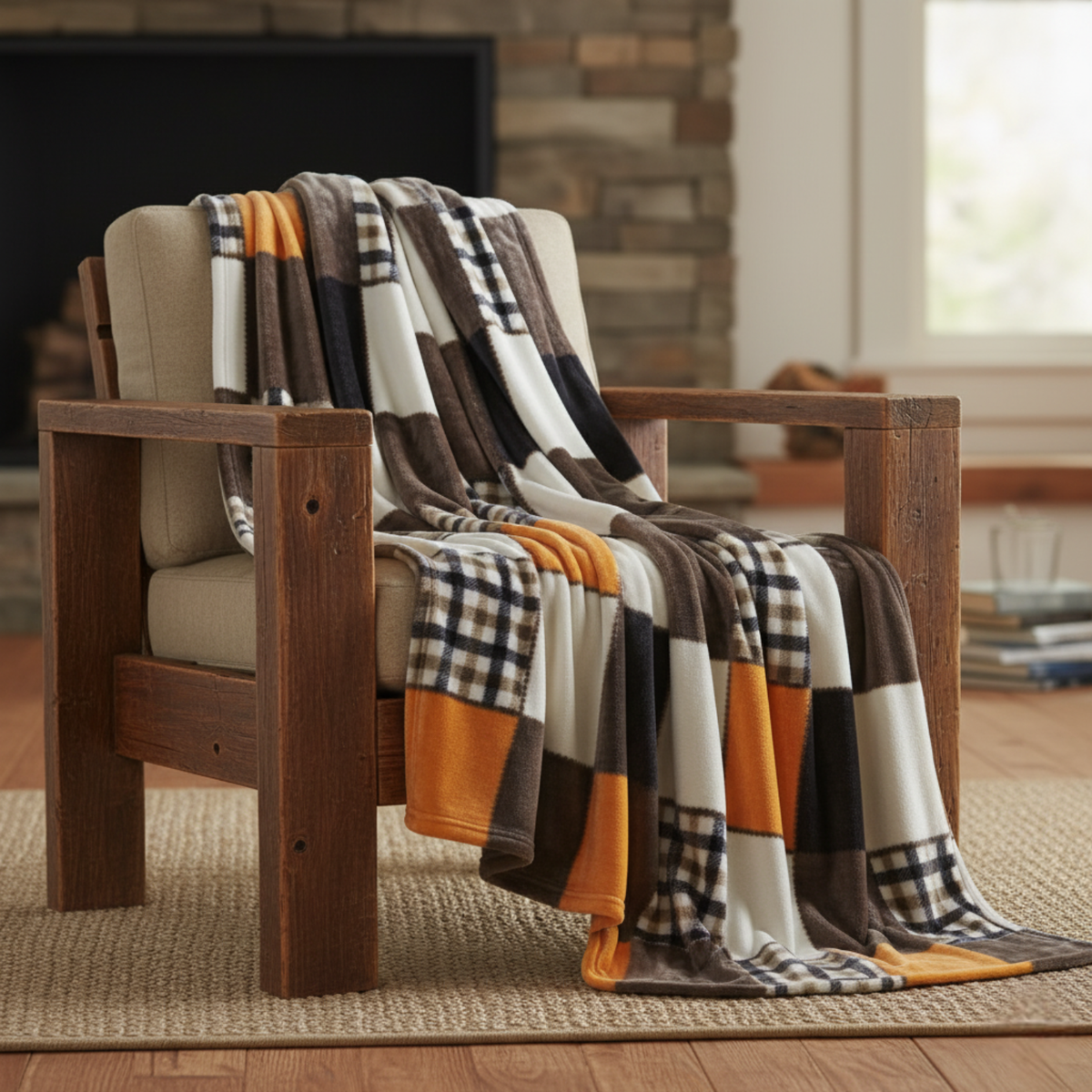 Tache Fall Orange Farmhouse Super Soft Micro Fleece Plaid Patchwork Plush Lightweight Bed Throw/blanket