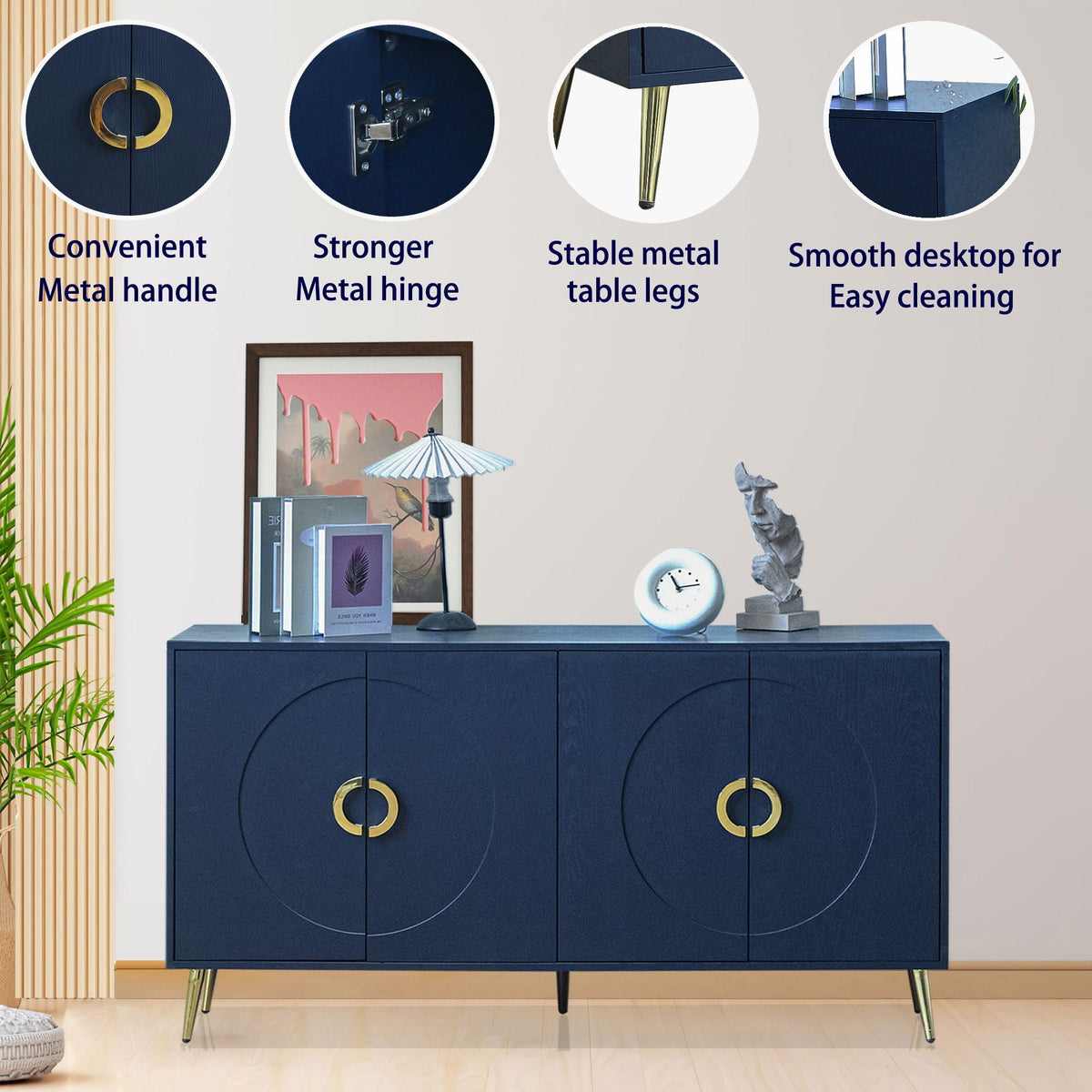 Modern Lacquered 4 Door Wooden Cabinet for Dining, Living, Entryway, Hallway, Office