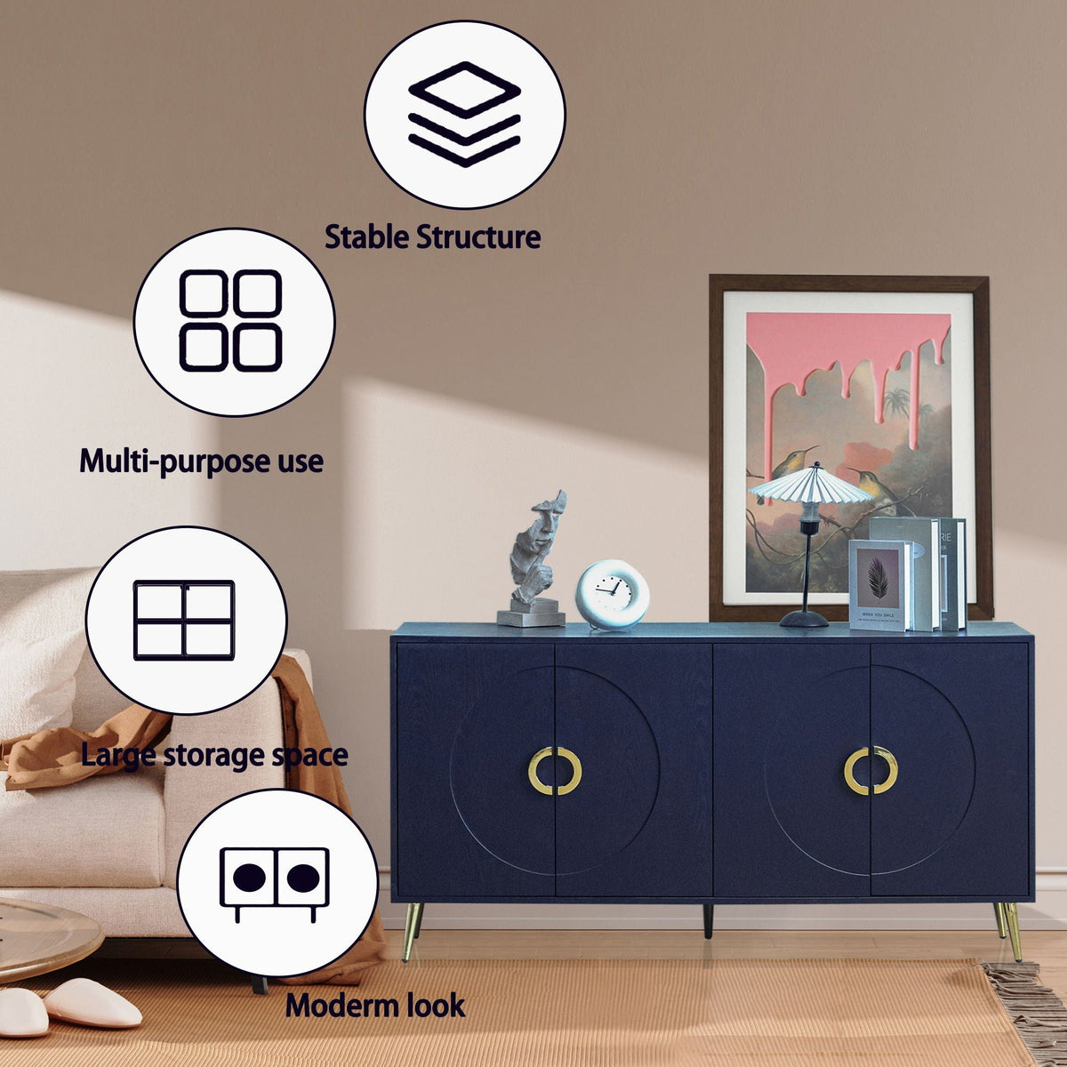 Modern Lacquered 4 Door Wooden Cabinet for Dining, Living, Entryway, Hallway, Office