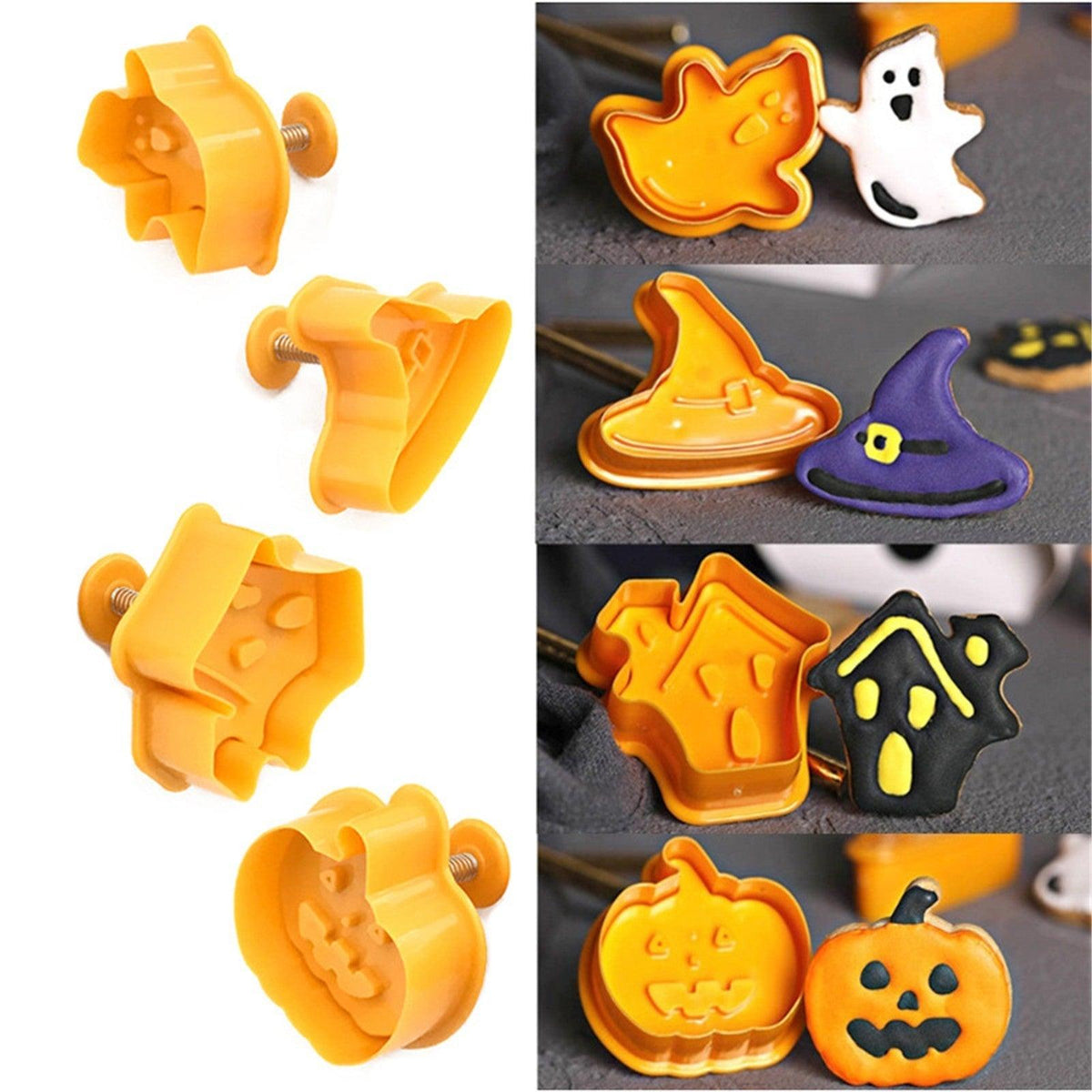 Halloween Cookie Cutter 3D Baking Mold Cookie Stamp Biscuit Mold Fondant Cake Decorating Tools Halloween Cookie Cutters Set Fondant Stamper Pastry Cutter Haunted House Hat Ghost Pumpkin Kitchen Molds