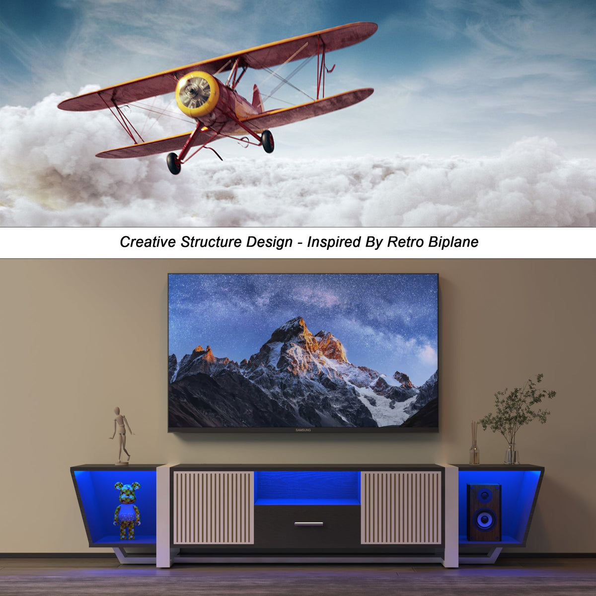 TV console with storage cabinet, dual flat LED TV stand with remote control, changing lights