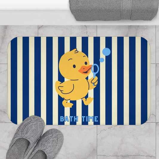 Cute Rubber Ducky Bath Mat — Navy Striped Kids Bathroom Rug