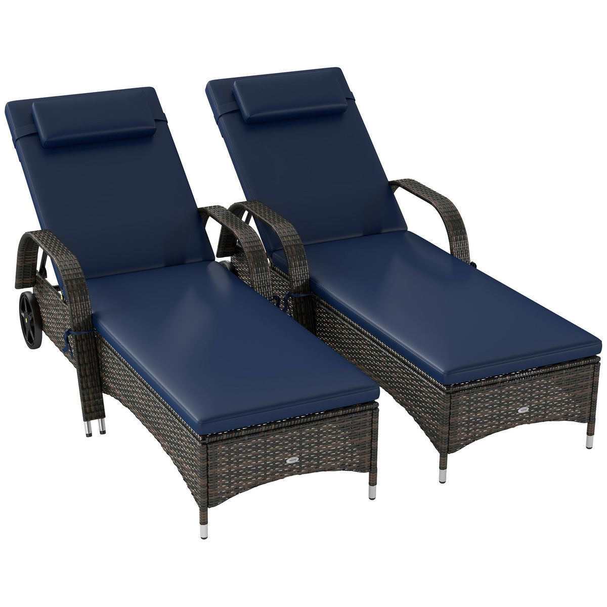 2 Reclining Chaise Lounge Chairs, Rolling Outdoor Chairs With Cushion, Pillow, Wheels, Heavy duty