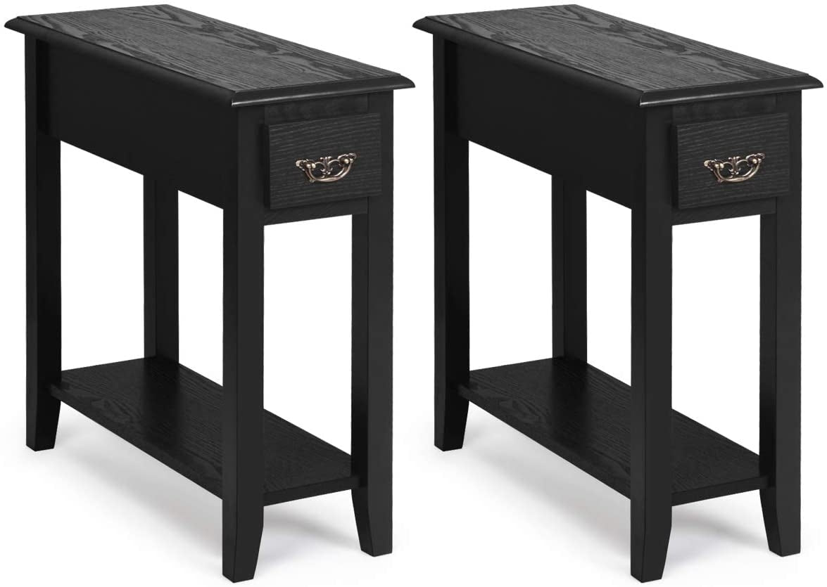 2 Pieces 2 Tier Sofa Side End Table with Drawer and Open Shelf