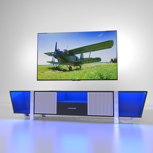 TV console with storage cabinet, dual flat LED TV stand with remote control, changing lights
