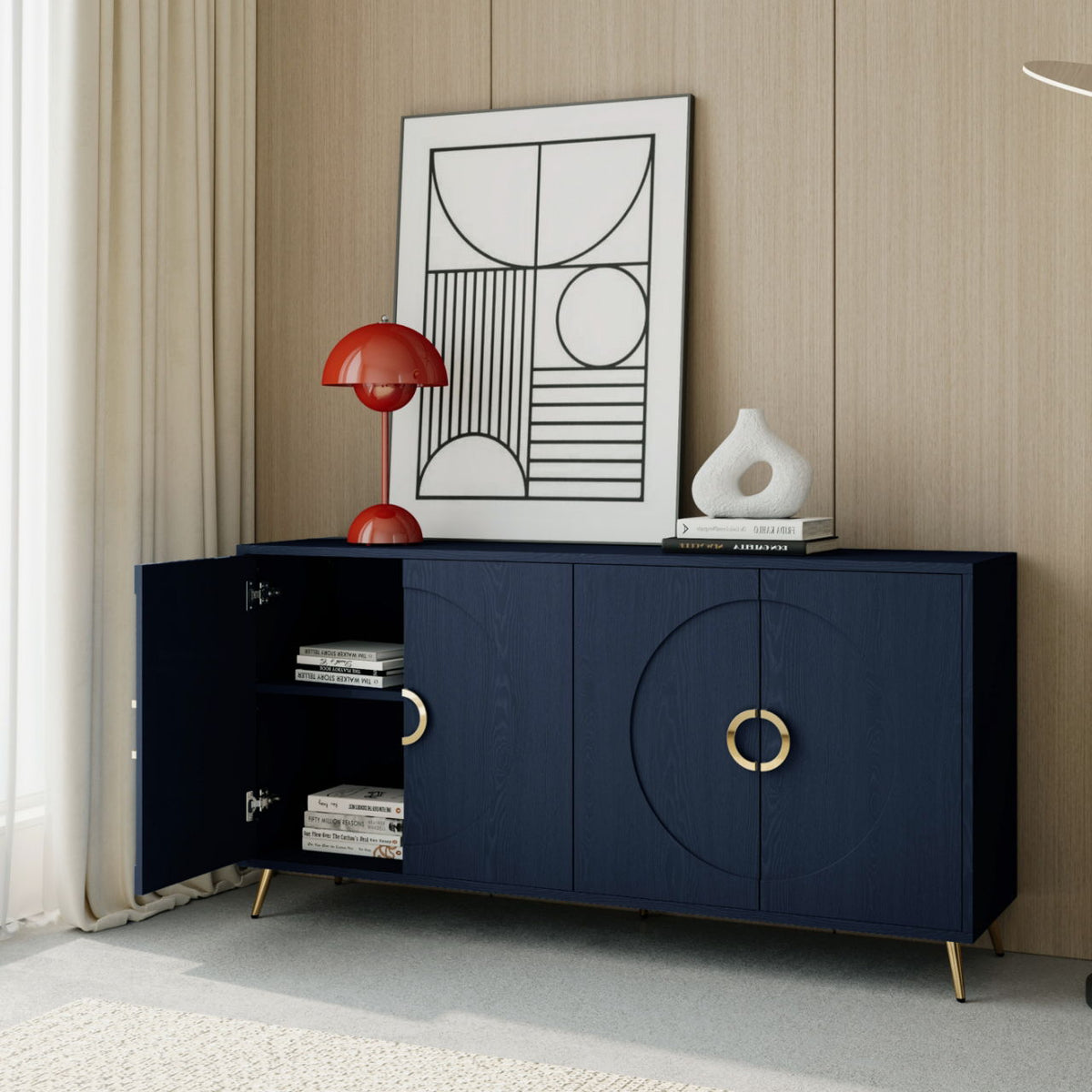 Modern Lacquered 4 Door Wooden Cabinet for Dining, Living, Entryway, Hallway, Office