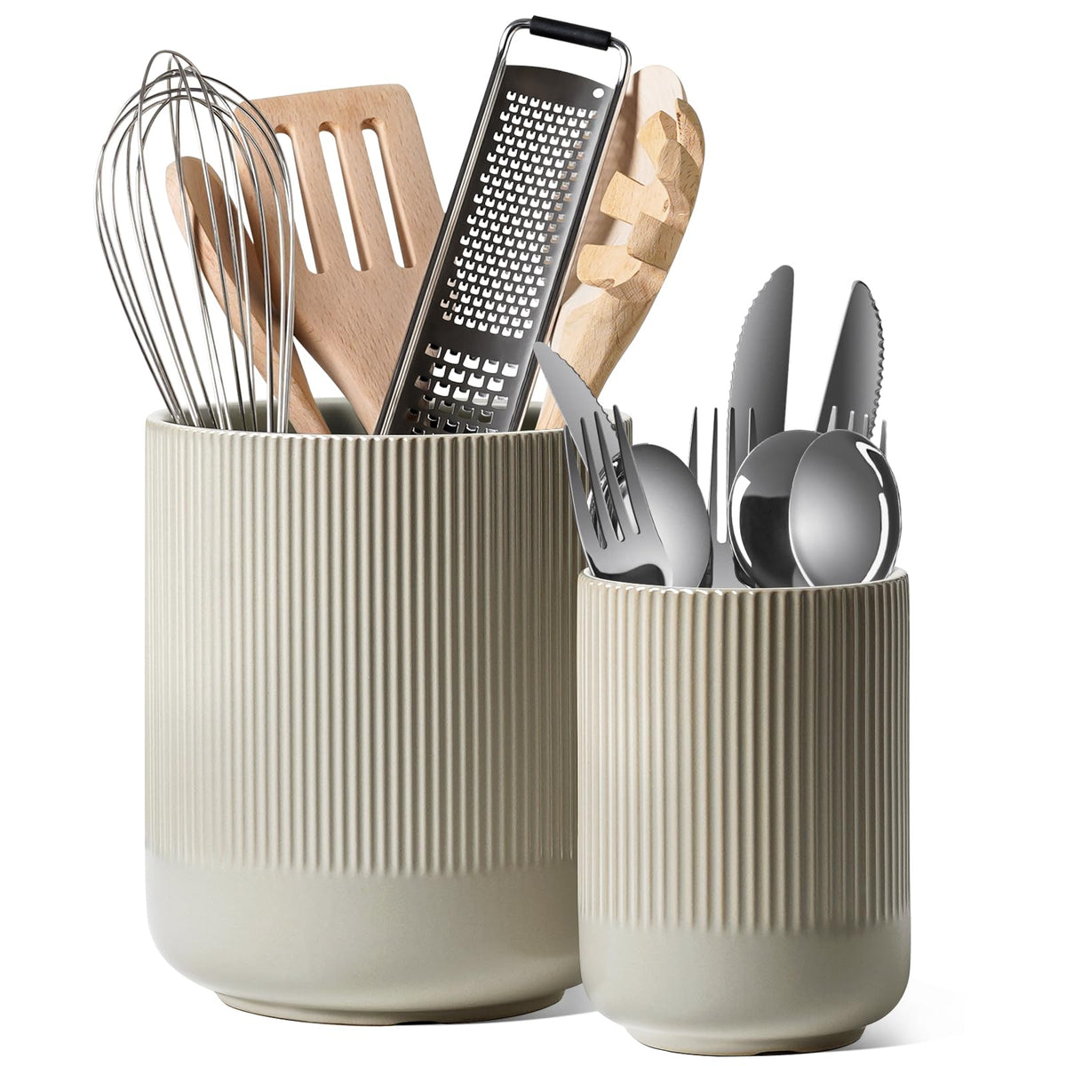 LE TAUCI Utensil Holder, 7.3"+5.4" Ceramic Cooking Tool Crocks for Counters, Set of 2
