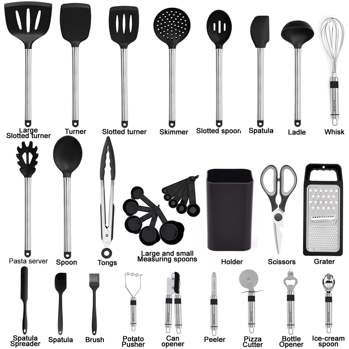 Kitchen Utensil Set, 33 Kitchen Gadgets & Spoons for Nonstick cookware