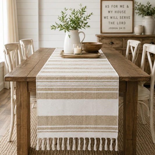 Fennco Styles Farmhouse Cotton Jute Table Runner with Tassel Fringe 14 x 72 Inch