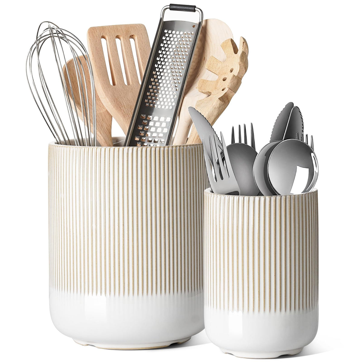 LE TAUCI Utensil Holder, 7.3"+5.4" Ceramic Cooking Tool Crocks for Counters, Set of 2