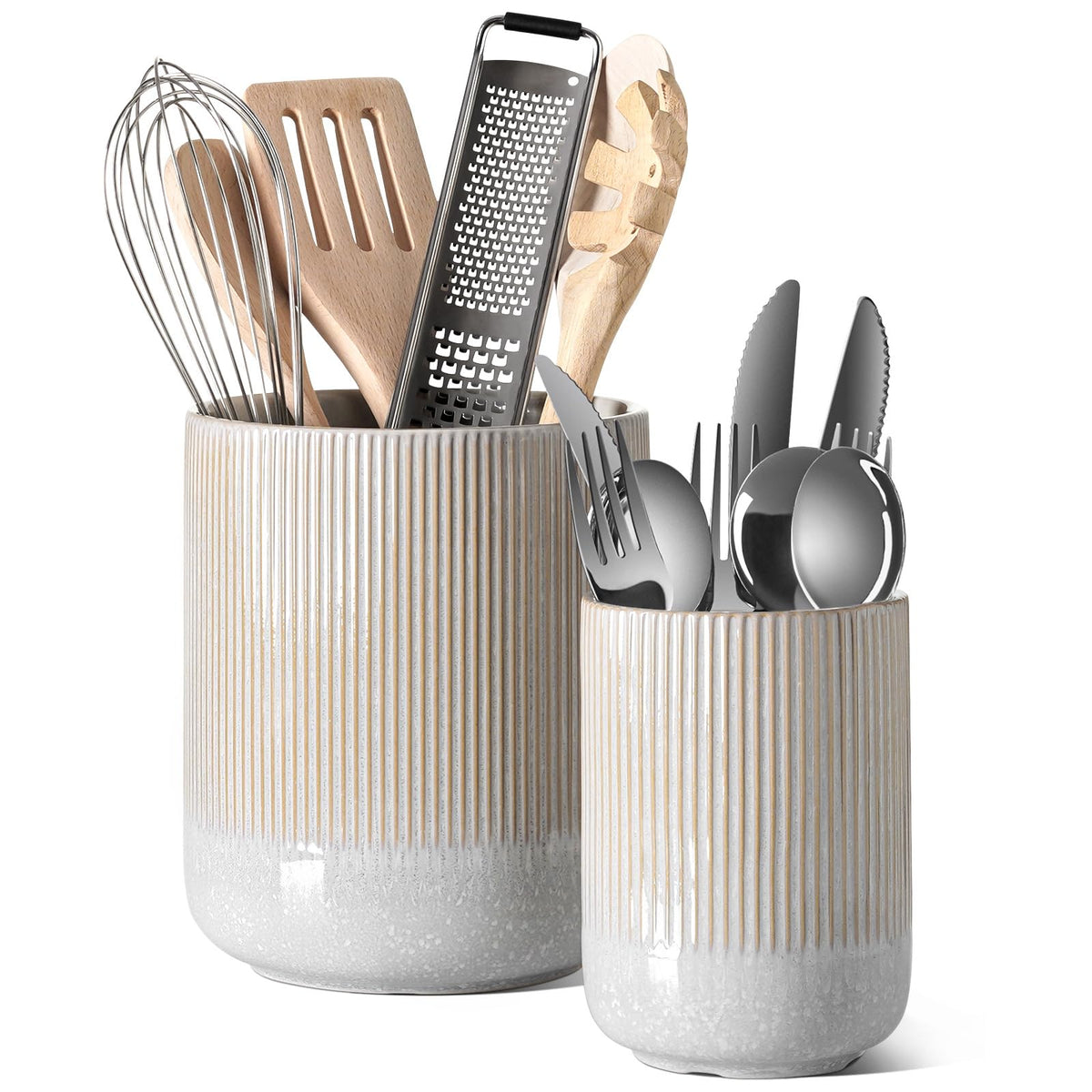 LE TAUCI Utensil Holder, 7.3"+5.4" Ceramic Cooking Tool Crocks for Counters, Set of 2