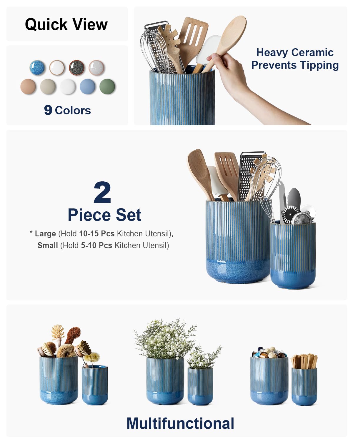 LE TAUCI Utensil Holder, 7.3"+5.4" Ceramic Cooking Tool Crocks for Counters, Set of 2