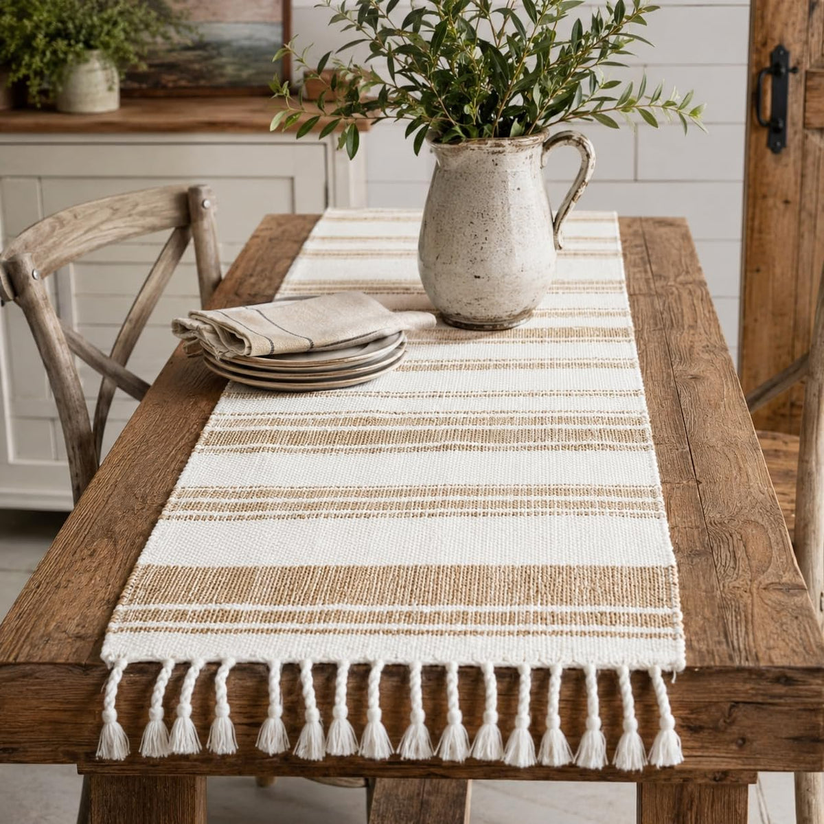Fennco Styles Farmhouse Cotton Jute Table Runner with Tassel Fringe 14 x 72 Inch