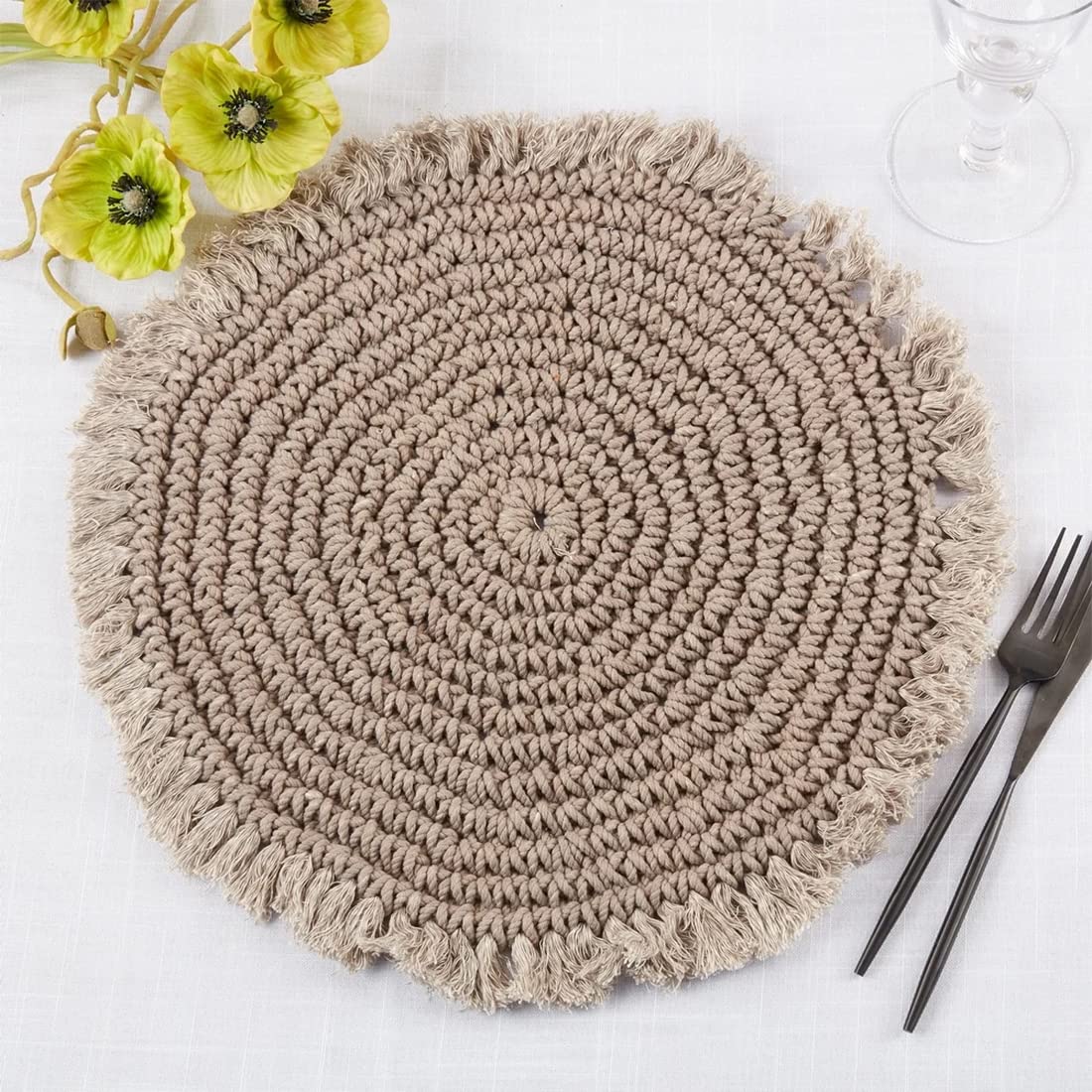 Fennco Styles Macrame Round Placemats for Home, Dining Room, 2 pack
