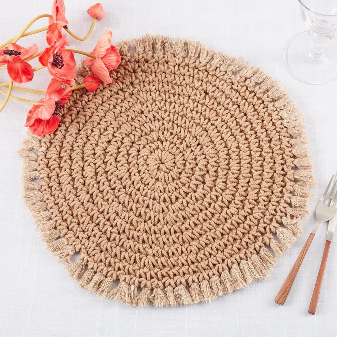 Fennco Styles Macrame Round Placemats for Home, Dining Room, 2 pack