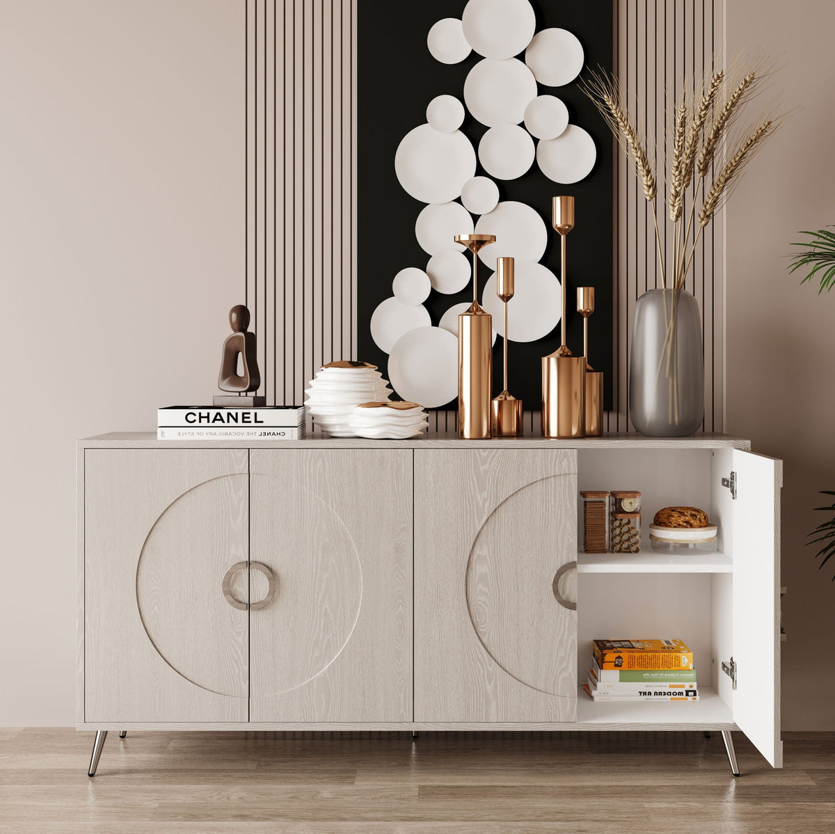 Modern Lacquered 4 Door Wooden Cabinet for Dining, Living, Entryway, Hallway, Office