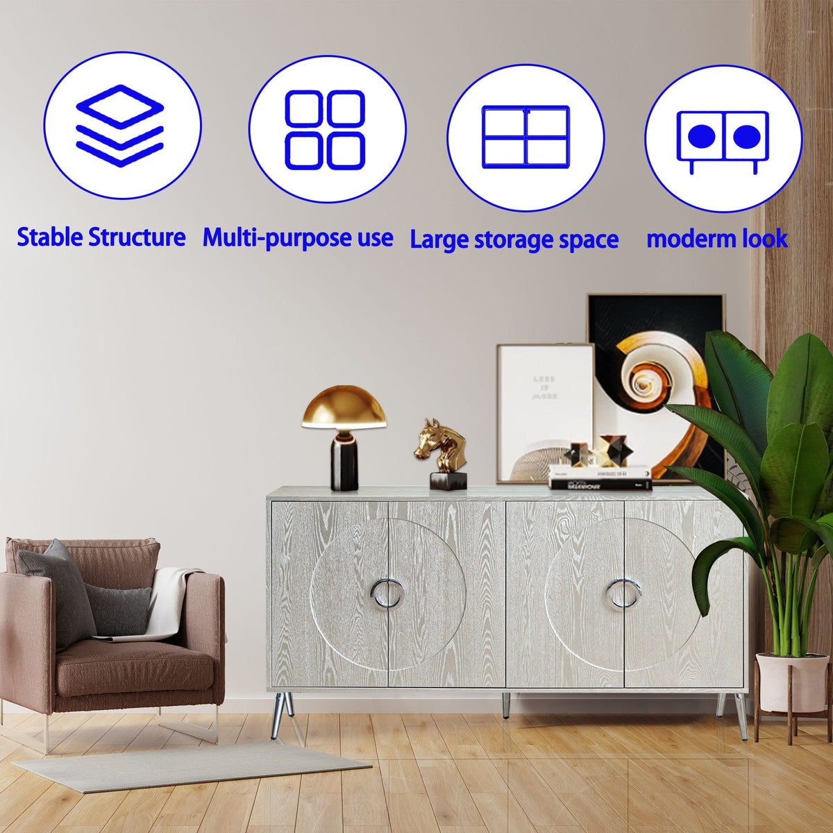 Modern Lacquered 4 Door Wooden Cabinet for Dining, Living, Entryway, Hallway, Office