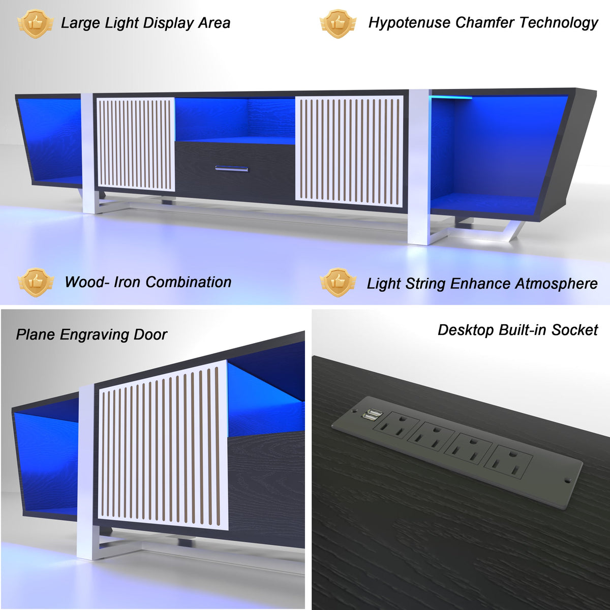 TV console with storage cabinet, dual flat LED TV stand with remote control, changing lights