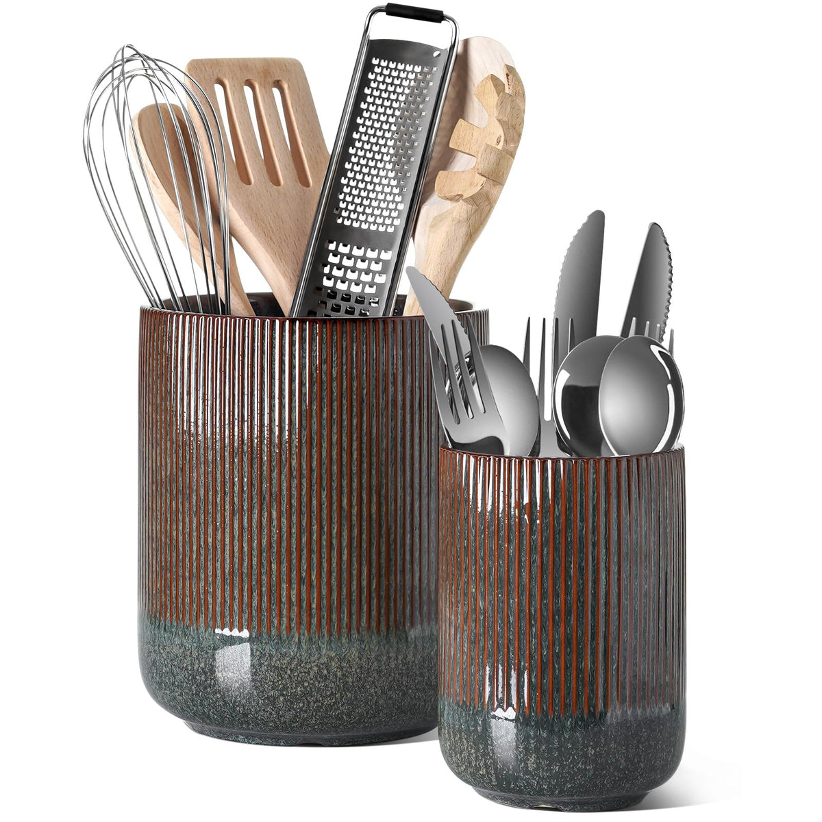 LE TAUCI Utensil Holder, 7.3"+5.4" Ceramic Cooking Tool Crocks for Counters, Set of 2