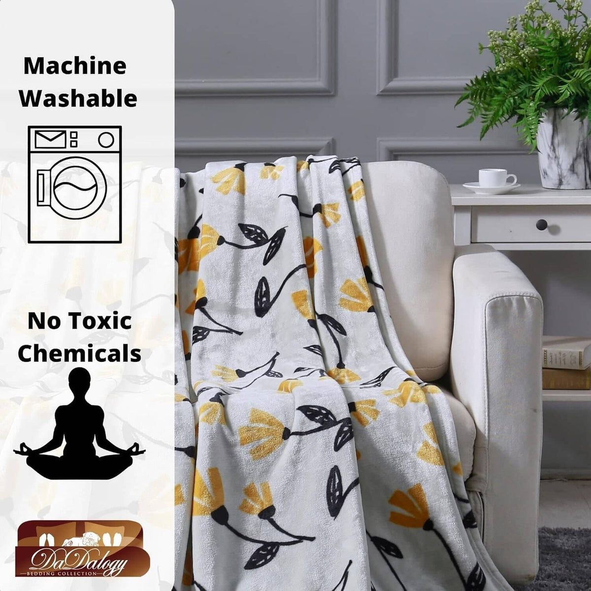 DaDa Bedding Soft Lightweight Fleece Throw Blanket, Yellow Fleur Floral Golden Orange Silver/Grey