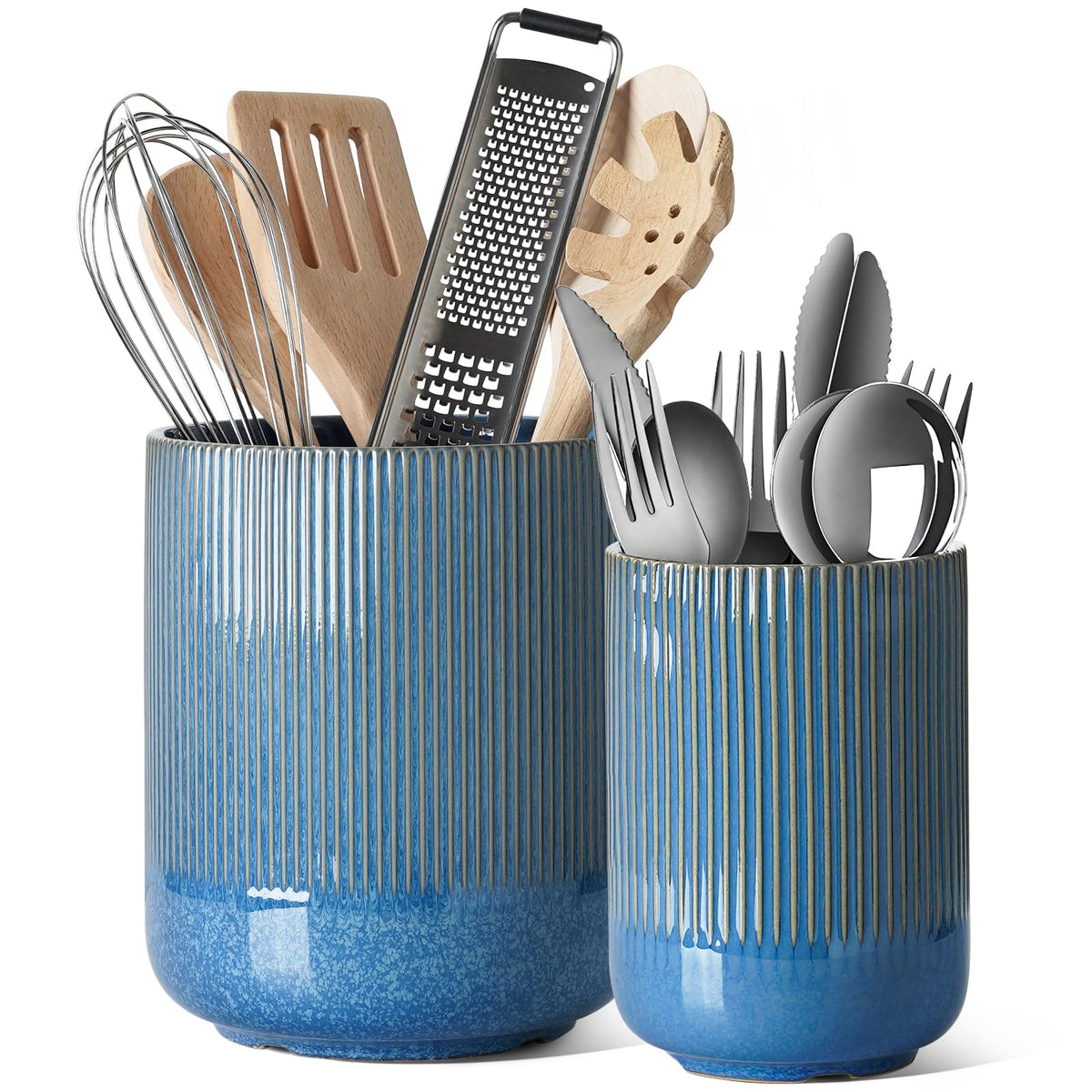 LE TAUCI Utensil Holder, 7.3"+5.4" Ceramic Cooking Tool Crocks for Counters, Set of 2