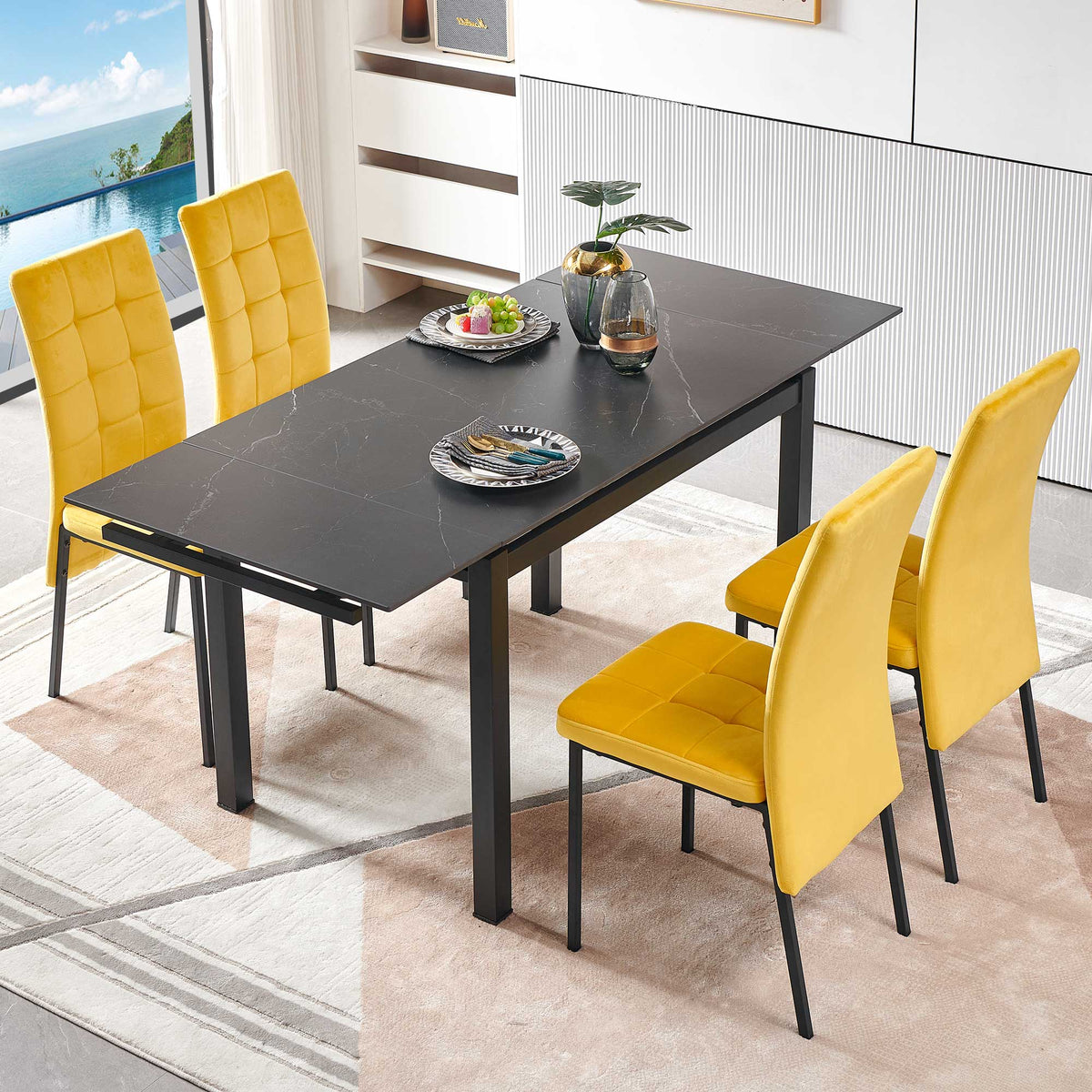 Black Ceramic Modern Rectangular Expandable Dining Room Table For Small Space -Table