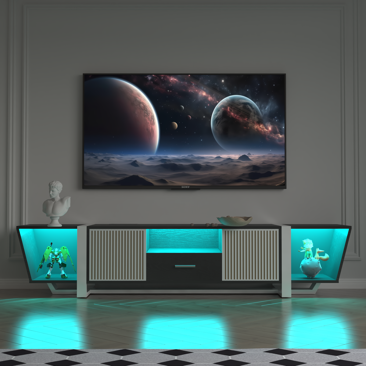 TV console with storage cabinet, dual flat LED TV stand with remote control, changing lights