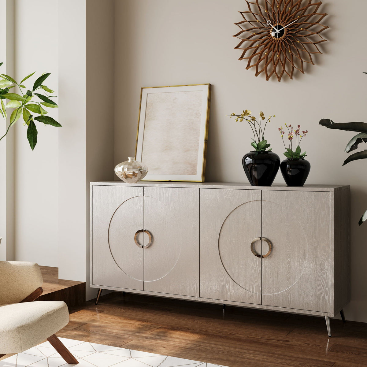 Modern Lacquered 4 Door Wooden Cabinet for Dining, Living, Entryway, Hallway, Office