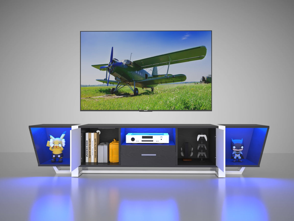 TV console with storage cabinet, dual flat LED TV stand with remote control, changing lights