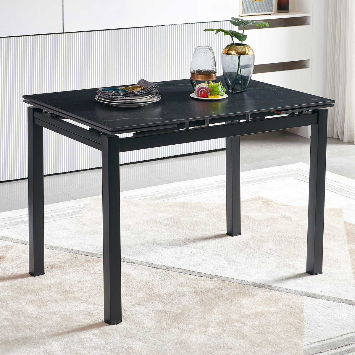 Black Ceramic Modern Rectangular Expandable Dining Room Table For Small Space -Table