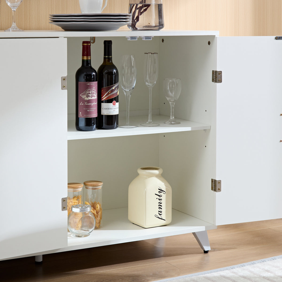 Sideboard Buffet cabinet with 4 doors and removable shelves, ivory white