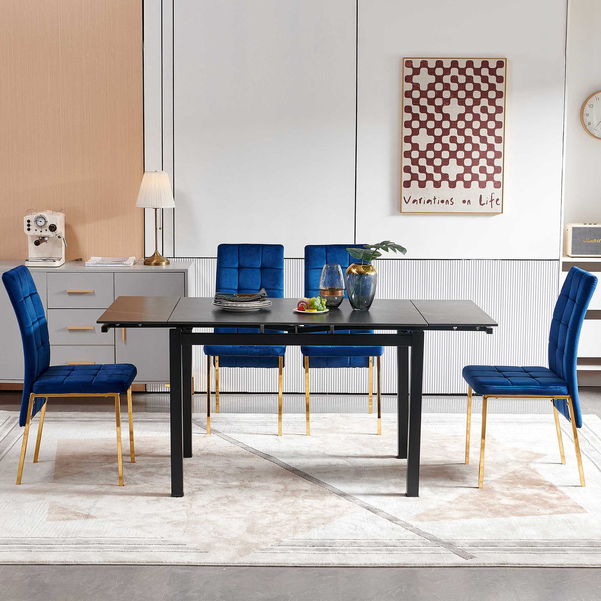 Black Ceramic Modern Rectangular Expandable Dining Room Table For Small Space -Table