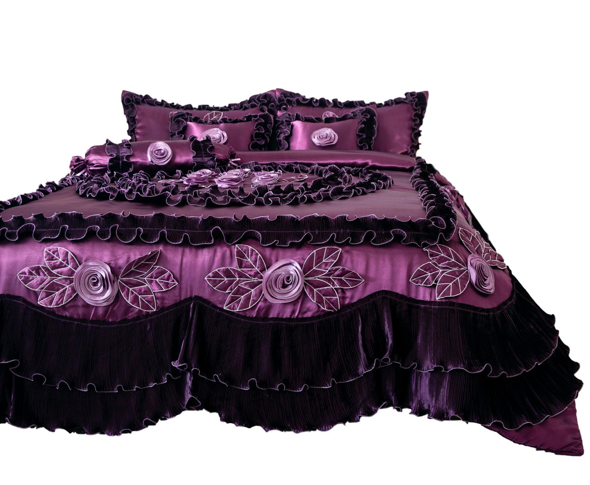 Tache Satin Ruffle Dark Purple Floral Midnight Bloom Comforter (BM-6438)