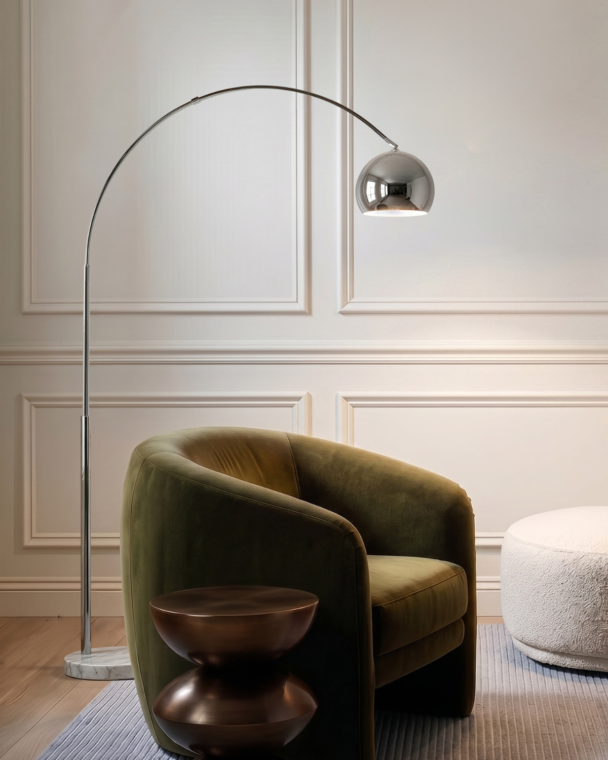 Olivia Floor Lamp with a marble base, arching swoop graceful
