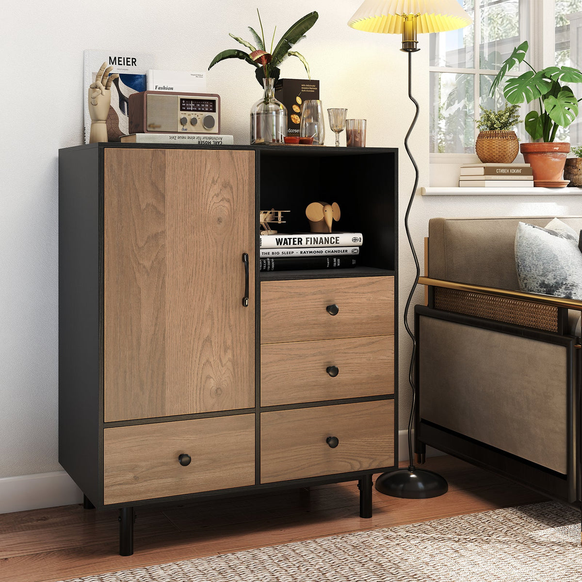 Buffet Sideboard Mid Century Modern Storage Cabinet 4 Drawers and Open Compartment