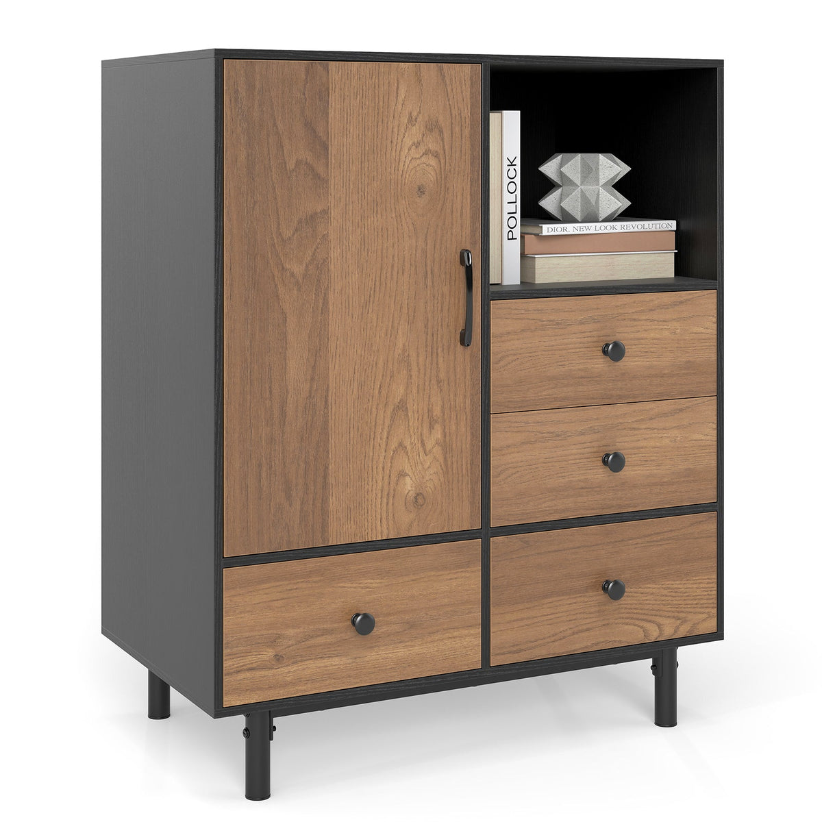Buffet Sideboard Mid Century Modern Storage Cabinet 4 Drawers and Open Compartment