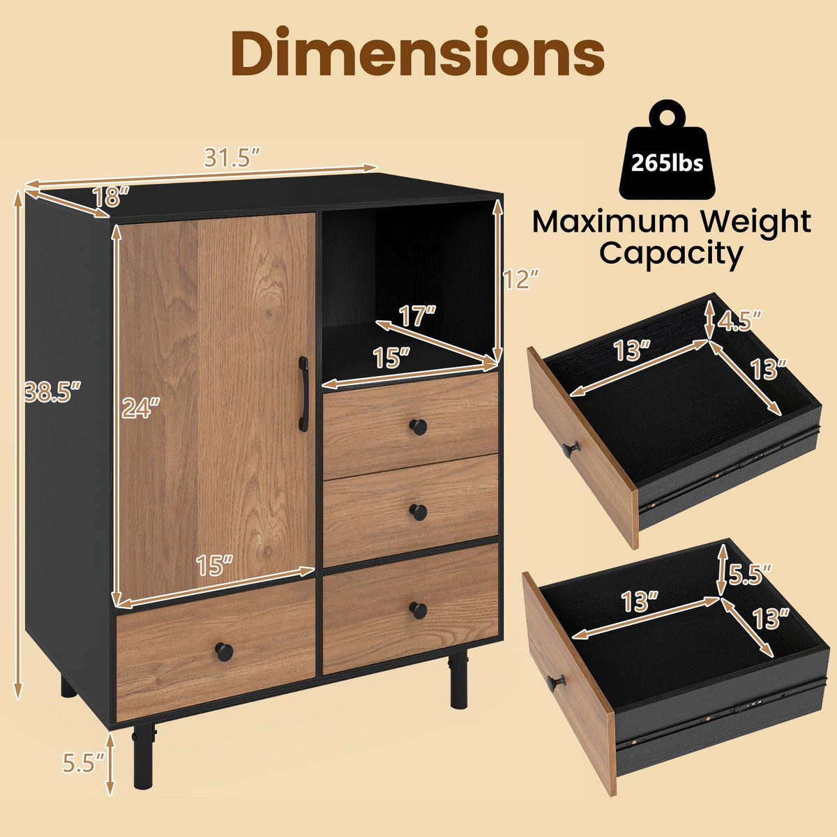 Buffet Sideboard Mid Century Modern Storage Cabinet 4 Drawers and Open Compartment