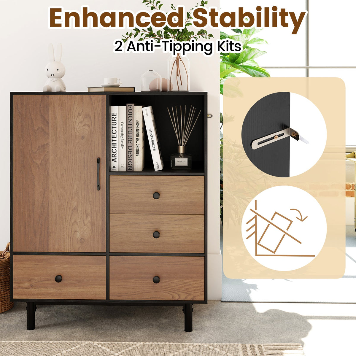 Buffet Sideboard Mid Century Modern Storage Cabinet 4 Drawers and Open Compartment