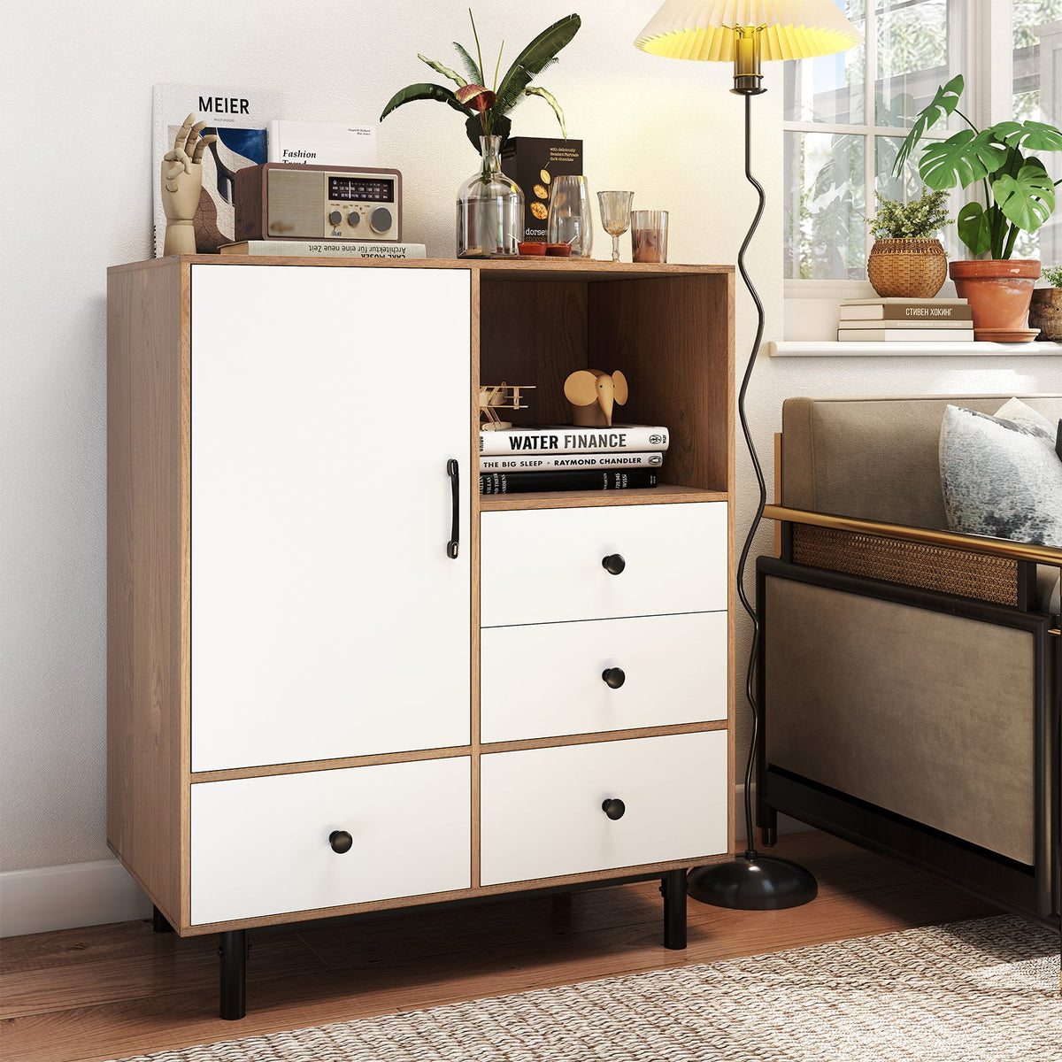 Buffet Sideboard Mid Century Modern Storage Cabinet 4 Drawers and Open Compartment